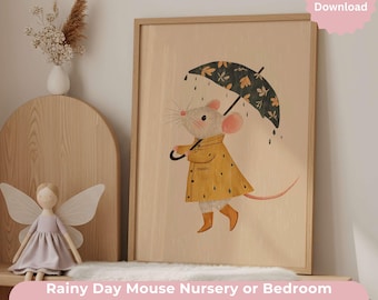 Rainy Day Mouse Art Print | Whimsical Nursery Decor (Digital Download)