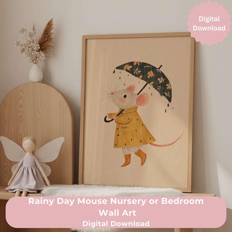 Rainy Day Mouse Art Print | Whimsical Nursery Decor (Digital Download) image 1