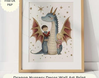 Drachen Kinderzimmer Dekor Wand Kunst Druck, Märchenbuch Drachen lesen Druck, Kinder Schlafzimmer Kunst, Märchen Kinderzimmer Wandkunst, Geschwister Kinderzimmer Wandkunst