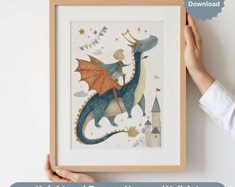 Drachen Kinderzimmer Dekor, Ritter Märchen Wandkunst, blonde Ritter, Jungen Schlafzimmer Digital Download, mittelalterliche Burg Kinderzimmer Druck