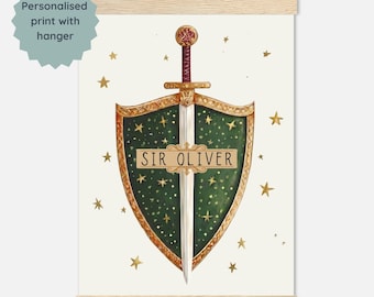 Personalized Knight Shield Wood Hanger Poster, Fairytale Nursery Decor, Custom Name Medieval Kids Wall Art