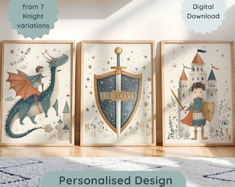 Personalisierte Märchen Kinderzimmer Wandkunst, Kinderzimmer Dekor, Junge Ritter Märchenbuch Drucke, Kinder Schlafzimmer Digitaler Download