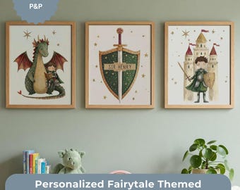 Personalisierte Märchen Kinderzimmer Wand Kunst 3er-Set, Drache und Ritter Kinderzimmer Dekor, mittelalterlichen Jungen Schlafzimmer Druck, Schild Namensschild