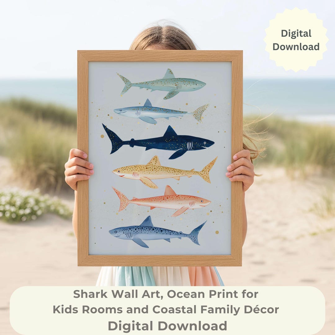 Watercolor Style Shark Wall Art Print for Kids, Ocean Nursery and ...