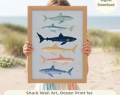 Watercolor Style Shark Wall Art Print for Kids, Ocean Nursery and Coastal Interior Printable Art