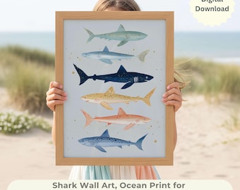Stampa artistica da parete con squalo in stile acquerello per bambini, per camerette dei bambini in stile oceanico e per interni costieri.