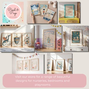 May include: A collection of framed art prints with whimsical illustrations, including a circus tent, fairy, and dragon. The prints are displayed in a nursery setting. The image also features the Pixel & Page logo and text: "Visit our store for a range of beautiful designs for nurseries, bedrooms and playrooms."