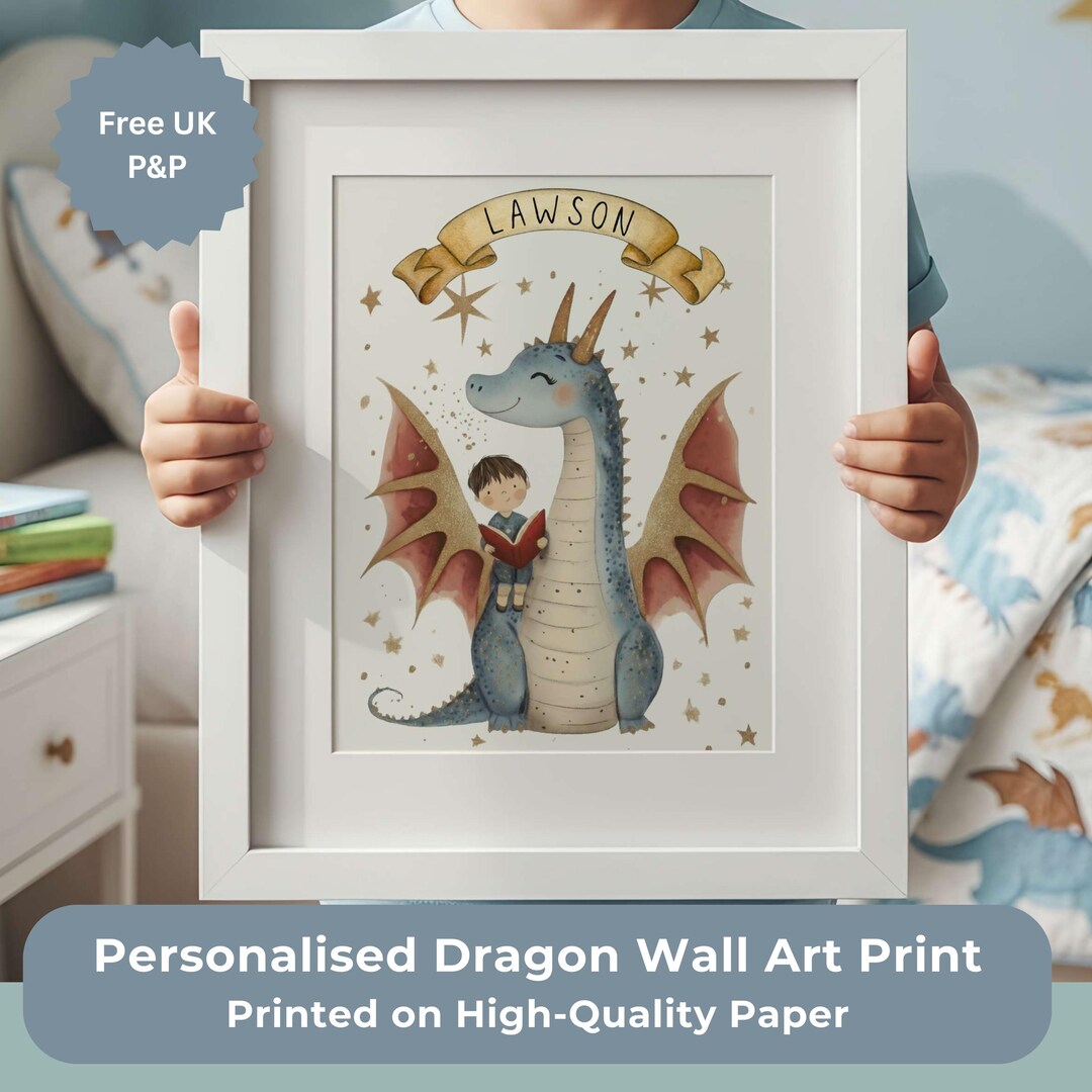 Personalised Dragon Nursery Wall Art Print, Fairy Tale Dragon Name ...