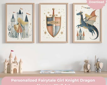 Personalisierte Märchen Mädchen Ritter Drache Kinderzimmer Wandkunst, Drachen Kinderzimmer Dekor, Mädchen Kinderzimmer Digitaler Download, blondes Haar