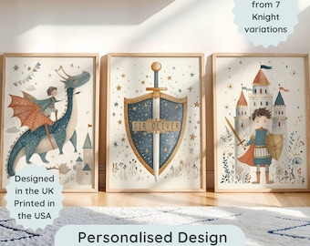 Personalized Knight and Dragon Nursery Prints Set of 3, Fairytale Boy Bedroom Wall Art, Custom Name Storybook Castle Poster, Kids Room Decor