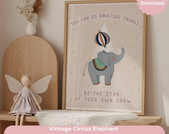 Zirkus-Kinderzimmer-Dekor-Wandkunst, rosa Elefant-motivierender Druck, Mädchenzimmer, Inspirationszitat, digitaler Download