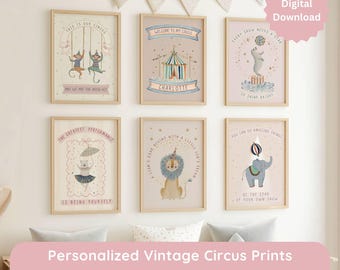 Personalisierte Zirkus-Tierkinderzimmer-Wand-Kunst-Set von 6, digitaler Download, rosa oder blau, printable
