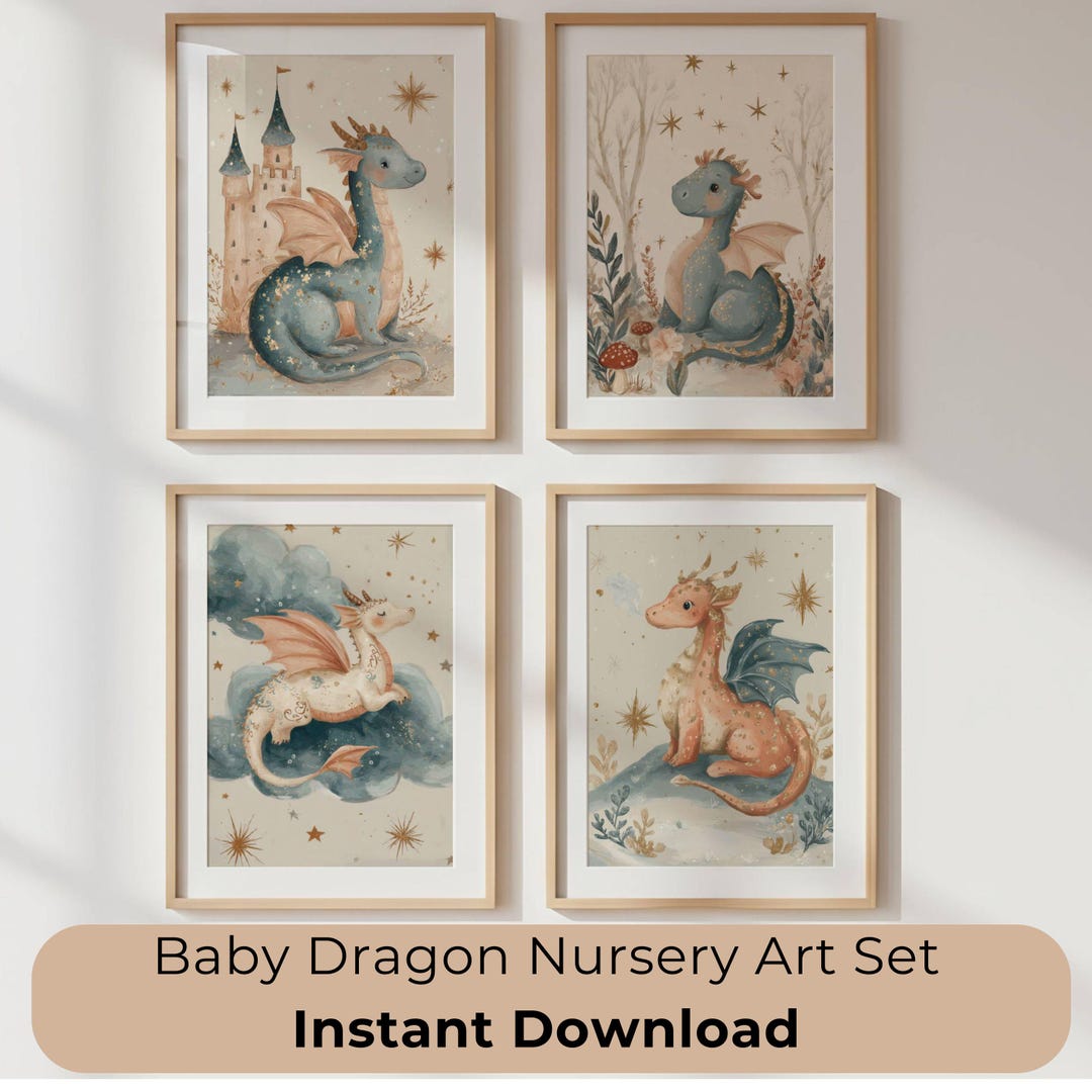 Nursery Dragon Wall Art Set, 4 Baby Dragon Prints Digital Download ...