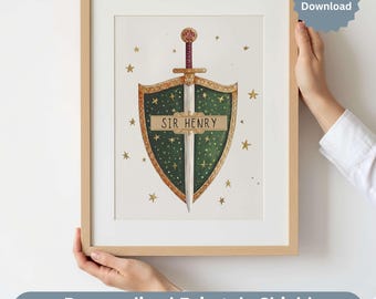 Personalisierte Ritter Schild Wand Kunst, Mittelalterliches Kinderzimmer Namensschild, Jungen Schlafzimmer Dekor, Märchen Digitaler Download, Schwert Druck