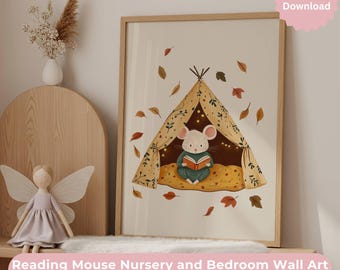 Lezende muistentprint | Herfst kinderkamer muurkunst (digitale download)