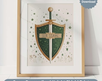 Grünes personalisiertes Ritterschild Druck, digitaler Download, Kinderzimmer Namensschild Märchen Junge Kinderzimmer Wandkunst