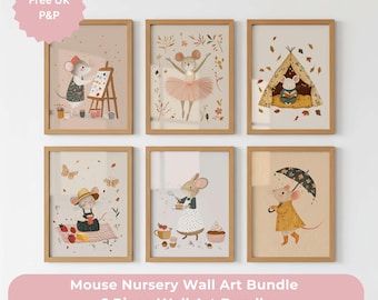 Mouse Nursery Wall Art Set of 6, Storybook Prints, Scandi Kids Room Wall Art