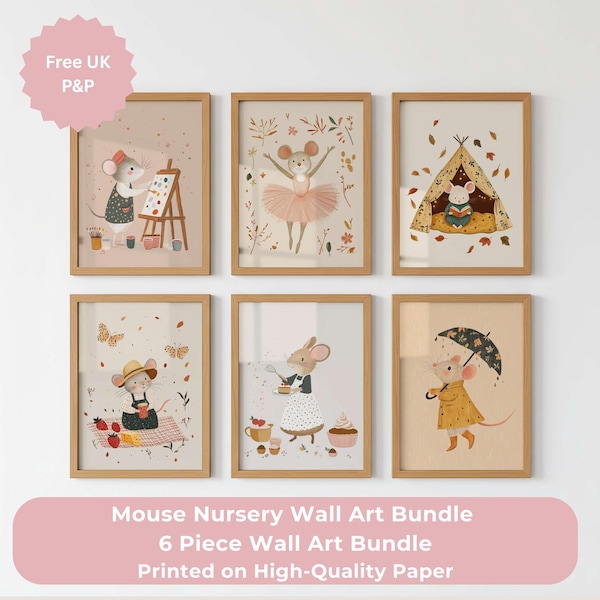 Juego de 6 láminas decorativas de ratones para la habitación infantil, decoración de bosque para la habitación del bebé, láminas de cuentos de hadas, galería de pared en tonos crema neutros para la habitación de los niños.