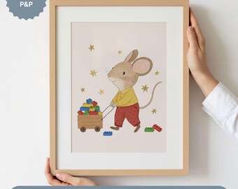 Backstein Maus Kinderzimmer Poster, Bilderbuch Spielzimmer Wandkunst, Junge Kinderzimmer Dekor, Kinder-Schlafzimmer Kunst, Gedruckte Wandkunst