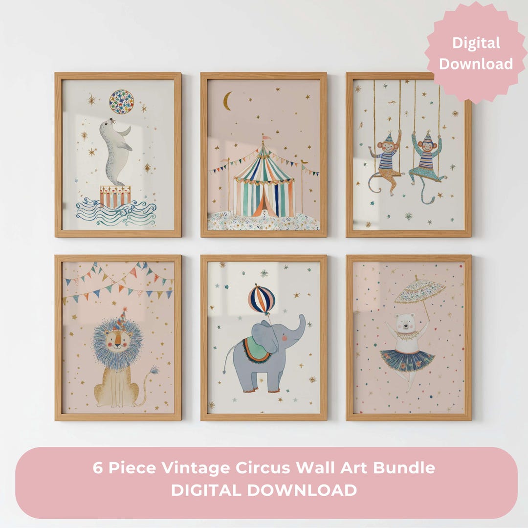 Vintage Pink Circus Animal Nursery Wall Art | 6 Prints Set, Baby Girl ...