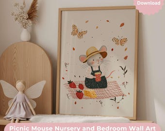 Mouse Picnic Nursery Print | Whimsical Woodland Animal Art (Digital Download)