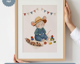 Baumeister Maus Kinderzimmer Druck, Bilderbuch Spielzimmer Wandkunst, Kinder Schlafzimmer Dekor, Jungen Kinderzimmer Wandkunst, gedruckte Wandkunst