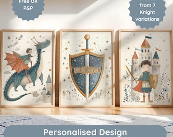 Lot de 3 oeuvres d'art murales personnalisées chevalier et dragon, impressions de chambre d'enfant conte de fées pour chambre d'enfant, décoration d'aventure de livre de contes