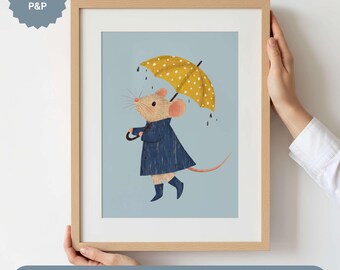 Regnerischer Tag Maus Kinderzimmer Druck, Märchenbuch Kinder Schlafzimmer Kunst, Spielzimmer Wandkunst, Junge Kinderzimmer Dekor, Gedruckte Wandkunst