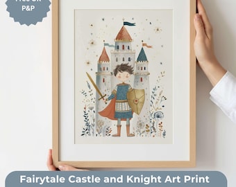 Fairytale Castle and Knight Nursery Wall Art | Little Knight Castle Print | White Skin Brown Hair | Dragon Nursery Digital Download