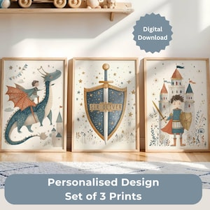 May include: Set of three framed art prints with a fantasy theme. One print features a dragon with a rider, another a shield and sword, and the third a knight and castle. The prints have a light background with stars and floral accents.