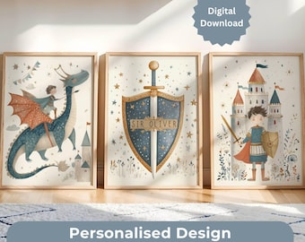 Personalized Fairytale nursery wall art | dragon nursery decor, Shield and knight, boys bedroom decor digital downloads