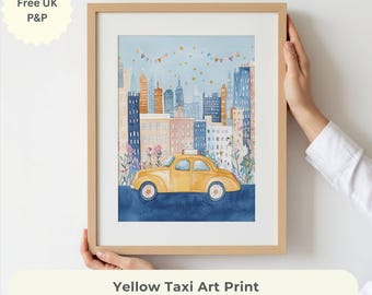 NYC Taxi Watercolor Art Print, Pastel New York City Artwork