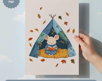 Maus Kinderzimmer Wand Kunst Druck, Wald Leseecke Dekor, Skandinavische Kinder Kunstwerk fürs Kinderzimmer