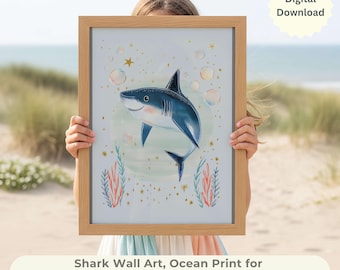 Stampa artistica da parete con squalo in stile acquerello per bambini, per camerette dei bambini in stile oceanico e per interni costieri.