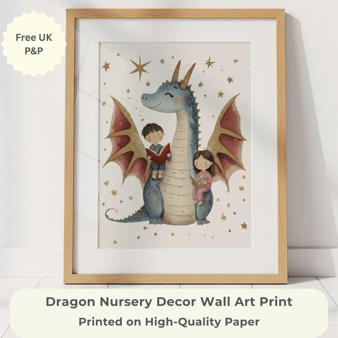 Dragon Nursery Decor Wall Art Print, Storybook Dragon Reading Print ...
