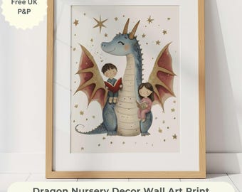 Drachen Kinderzimmer Dekor Wand Kunst Druck, Märchenbuch Drachen lesen Druck, Kinder Schlafzimmer Kunst, Märchen Kinderzimmer Wandkunst, Geschwister Kinderzimmer Wandkunst