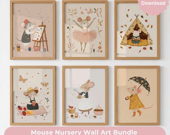 Mouse Art Print Set | 6 Design Bundle | Woodland Nursery Décor (Digital Download)