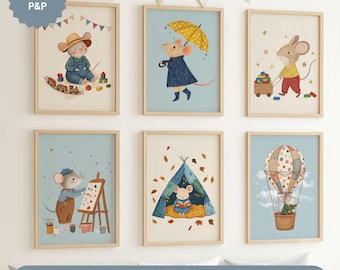 Maus Kinderzimmer Wandkunst 6er Set, Märchenbuch Drucke, Skandinavische Kinderzimmer Wandkunst
