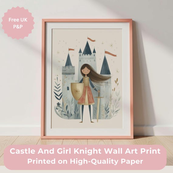 Castle and Girl Knight Wall Art Print, Girls Castle Bedroom Décor, Fairytale Nursery Poster, White Skin Brown Hair, Princess Kids Wall Art