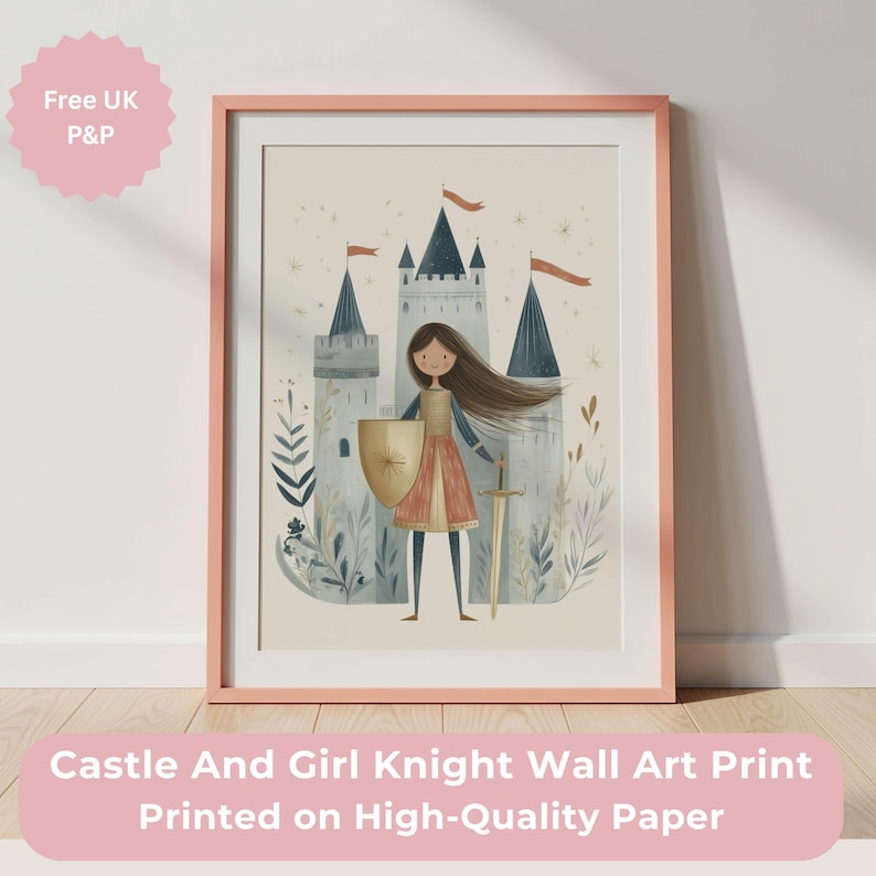 Castle and Girl Knight Wall Art Print, Girls Castle Bedroom Décor, Fairytale Nursery Poster, White Skin Brown Hair, Princess Kids Wall Art image 1