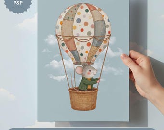 Heißluftballon Maus Kinderzimmer Druck, Märchenbuch Kinder Schlafzimmer Kunst, Abenteuer Kinderzimmer Dekor, Gedruckte Wandkunst
