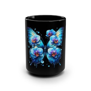 Colorful Butterfly Black Mug, 15oz - Floral Coffee Cup, Birthday Gift, Home Decor, Nature Lover&#39;s Drinkware, Floral Art Mug