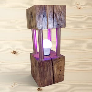 Handcrafted oak beam table lamp made from reclaimed wood, rustic ambience lamp, unique piece, LED color changing & remote control, bronze details