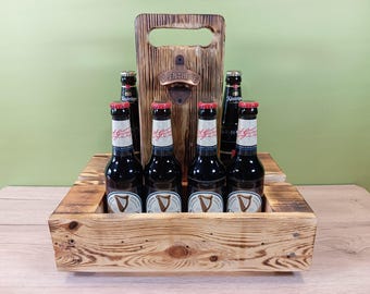 Porte-bières rustique en bois recyclé, cadeau personnalisé pour la fête des pères, étui pour homme avec décapsuleur, fait main et flammé