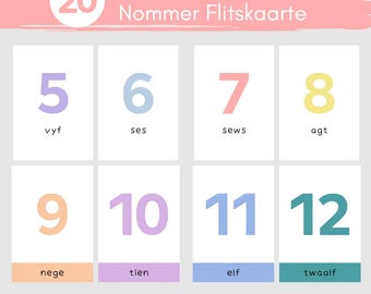 Afrikaans Number Flashcards 1-20: Printable Kids Learning Cards for Toddlers & Pre-Schoolers (PDF Download)