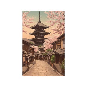 Nostalgic Kyoto Temple Wall Art  Cherry Blossom Season　Vertical and Horizontal Matte Posters