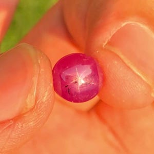 Peut inclure: Une pierre précieuse ronde et polie, d'un rouge profond, tenue entre les doigts. La gemme présente un effet d'étoile à six rayons, avec la lumière rayonnant du centre. La surface de la pierre est lisse et réfléchissante.
