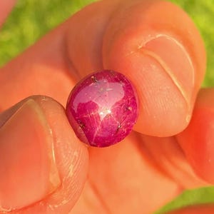 Peut inclure: Une pierre précieuse de rubis polie et ronde, tenue entre les doigts. La gemme est d'un rouge-rose profond et saturé avec des reflets internes. L'arrière-plan est vert flou.