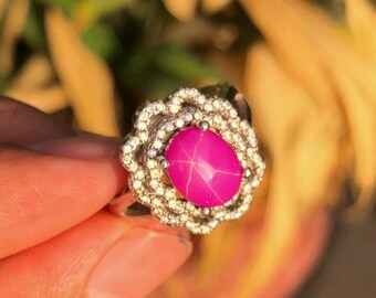 Massive 26.10Ct Star Ruby Ring – Silver Beauty with Sparkling Halo