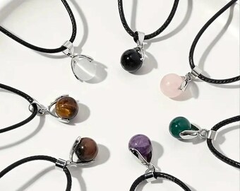 Handcrafted Pendants with Black Leather Wire Cable – Featuring Amethyst, Quartz, Tourmaline, Moonstone, and Apatite
